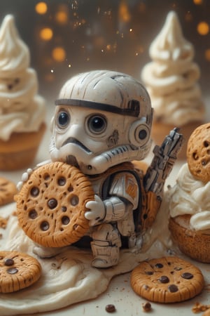 Close-up shot of a tiny, adorable chibi Stormtrooper grasping a chocolate chip cookie with its gloved hand. Soft, warm lighting illuminates the scene, with a hint of golden tone on the cookie's crispy edges. The Stormtrooper's helmet and armor remain intact, but a miniature version of the iconic Imperial crest is replaced with a cookie-themed patch. The background is a blurred, creamy white, mimicking the texture of whipped cream. The overall composition is playful, emphasizing the cuteness of this intergalactic treat-holding trooper.