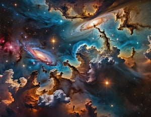 Hyperrealistic, masterpiece, brilliant image of Deep Space, cosmic clouds, galaxys,  nebulas, Ultra-high resolution and high contrast,  muted highlights, 12k, insane details, brilliant composition