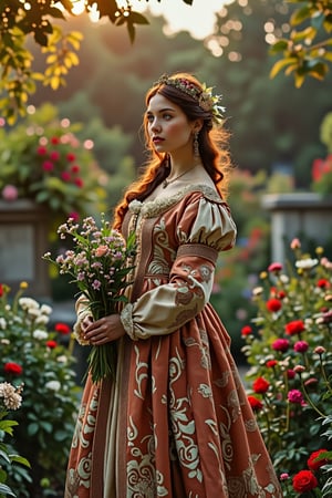 A medieval beauty princess, standing gracefully in a lush garden, surrounded by blooming flowers and verdant greenery. The princess wears a flowing gown of rich silk, adorned with delicate lace and embroidery. The garden is bathed in the soft, golden light of the setting sun, casting a warm glow on the scene. The princess holds a posy of flowers, her expression serene and contemplative. The composition is centered on the princess, with the garden's vibrant colors and intricate details enhancing the tranquil atmosphere.