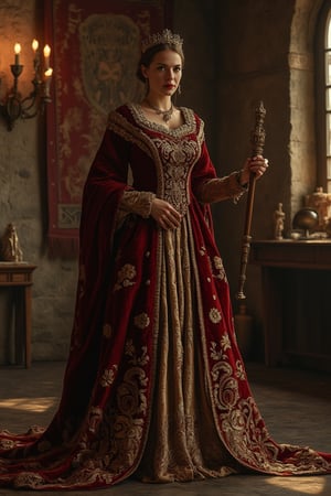 A medieval princess, standing regally in a grand castle hall, wearing a flowing velvet gown with intricate gold embroidery. The room is illuminated by the warm glow of torchlight, casting long shadows on the stone walls. The princess holds a scepter in one hand, her posture confident and composed. The composition is centered, with the princess as the focal point, surrounded by ornate tapestries and ancient artifacts.