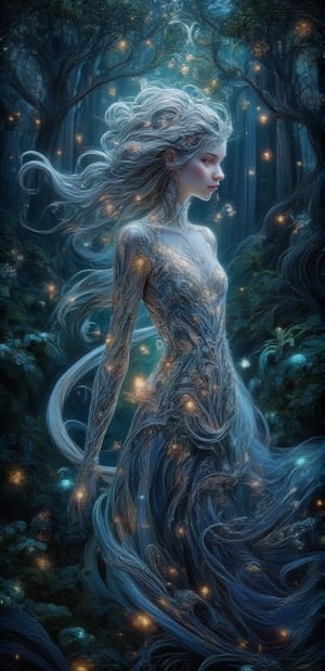 Create an image of a young woman standing in a lush, enchanted forest at twilight. She has flowing, silver hair that catches the fading sunlight, and her eyes glow faintly with a mysterious, magical aura. Her dress is made of delicate, shimmering leaves and flowers that seem to blend with the surrounding nature. Fireflies swirl around her, illuminating the scene with soft, ethereal light. In the background, towering ancient trees twist with vines, and a hidden waterfall glows faintly with bioluminescent plants. The style is a mix of Art Nouveau and high fantasy, with intricate linework and vibrant, enchanting colors.