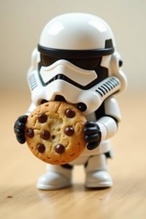 Close-up shot of a tiny, adorable chibi Stormtrooper grasping a classic chocolate chip cookie in its gloved hand. Soft, warm lighting highlights the trooper's endearing helmet features and the cookie's crispy edges. The background is a blurred, creamy white to emphasize the cookie's golden goodness. The Stormtrooper's pose exudes excitement and joy as it proudly holds up its sweet treat.