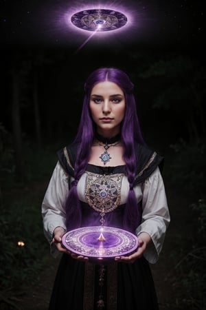 a medieval gypsy witch, with long violet hair, in a magic circle, high quality, high resolution, high precision, realism, color correction, proper lighting settings, harmonious composition.,tempestmagic,Circle,Fantasy