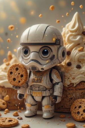 Close-up shot of a tiny, adorable chibi Stormtrooper grasping a chocolate chip cookie with its gloved hand. Soft, warm lighting illuminates the scene, with a hint of golden tone on the cookie's crispy edges. The Stormtrooper's helmet and armor remain intact, but a miniature version of the iconic Imperial crest is replaced with a cookie-themed patch. The background is a blurred, creamy white, mimicking the texture of whipped cream. The overall composition is playful, emphasizing the cuteness of this intergalactic treat-holding trooper.