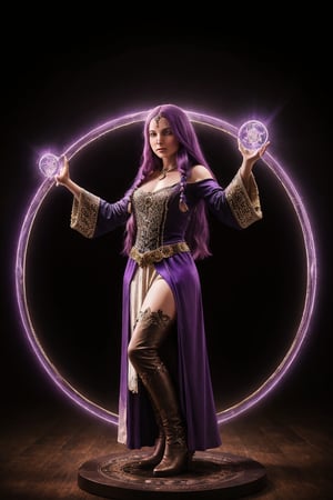 a medieval gypsy witch, with long violet hair, in a magic circle, high quality, high resolution, high precision, realism, color correction, proper lighting settings, harmonious composition.,tempestmagic,Circle,Fantasy