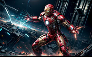  a super high-detailed and realistic image of a cyberpunk-style knight in a iron-man-inspired body armor with a glowing lightning charge:

"Generate an extraordinary and highly detailed image of a cyberpunk-style knight donning a state-of-the-art silver-blue body armor that draws inspiration from Iron-Man, yet takes it to a new level of high-tech brilliance. This knightly body armor emits a mesmerizing glow, with lightning charges coursing through its surface, showcasing its incredible technological sophistication.

The knight's powerful physique is accentuated by the hi-tech armor, and his body suit incorporates an array of advanced tools and gadgets, all seamlessly integrated. He wears a Hi-Tech helmet, both concealing his identity and offering crucial data through its heads-up display.

In this stunning image, the knight is adorned in the full glory of his Hi-Tech lightning charge magical armor, a perfect blend of technology and mystic power. The background should portray a knightly setting, heightening the sense of grandeur and heroism.

With a heroic and dynamic pose, this image should encapsulate the knight's unwavering courage and determination. Every detail, from the intricate spider-like designs on the armor to the crackling energy of the lightning charge, should be meticulously rendered, creating a 4K HDR super high-quality masterpiece that immerses viewers in the thrilling world of this cyberpunk knight." ((Photographic cinematic super high detailed super realistic warrior Iron man knight image)), ((4k HDR super high quality image)), ((masterpiece)), (((full body))),