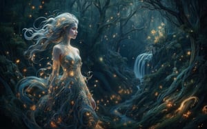 Create an image of a young woman standing in a lush, enchanted forest at twilight. She has flowing, silver hair that catches the fading sunlight, and her eyes glow faintly with a mysterious, magical aura. Her dress is made of delicate, shimmering leaves and flowers that seem to blend with the surrounding nature. Fireflies swirl around her, illuminating the scene with soft, ethereal light. In the background, towering ancient trees twist with vines, and a hidden waterfall glows faintly with bioluminescent plants. The style is a mix of Art Nouveau and high fantasy, with intricate linework and vibrant, enchanting colors.