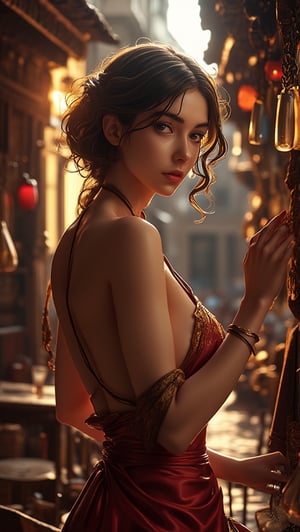 A stunningly rendered 8K CG masterpiece captures the essence of Ancient Rome's bustling streets. Under the warm glow of cinematic lighting, a breathtakingly beautiful woman with long, flowing locks and intricately detailedsexy  attire poses amidst authentic street stalls. Her delicate face, finely crafted eyes, and exquisitely rendered nose are showcased in exquisite detail, as if plucked from a fine art museum. A beautifully detailed hand cradles a vendor's wares, while her gaze seems to hold the secrets of the ancient city. Shadows dance across the scene with precision, adding depth and dimensionality to this ultra-detailed, photo-realistic illustration.