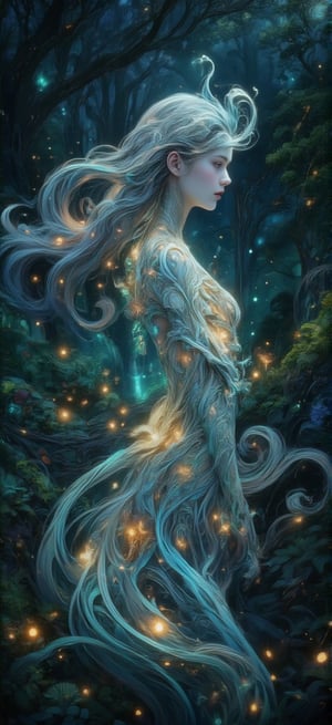 Create an image of a young woman standing in a lush, enchanted forest at twilight. She has flowing, silver hair that catches the fading sunlight, and her eyes glow faintly with a mysterious, magical aura. Her dress is made of delicate, shimmering leaves and flowers that seem to blend with the surrounding nature. Fireflies swirl around her, illuminating the scene with soft, ethereal light. In the background, towering ancient trees twist with vines, and a hidden waterfall glows faintly with bioluminescent plants. The style is a mix of Art Nouveau and high fantasy, with intricate linework and vibrant, enchanting colors.