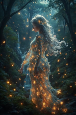 Create an image of a young woman standing in a lush, enchanted forest at twilight. She has flowing, silver hair that catches the fading sunlight, and her eyes glow faintly with a mysterious, magical aura. Her dress is made of delicate, shimmering leaves and flowers that seem to blend with the surrounding nature. Fireflies swirl around her, illuminating the scene with soft, ethereal light. In the background, towering ancient trees twist with vines, and a hidden waterfall glows faintly with bioluminescent plants. The style is a mix of Art Nouveau and high fantasy, with intricate linework and vibrant, enchanting colors.