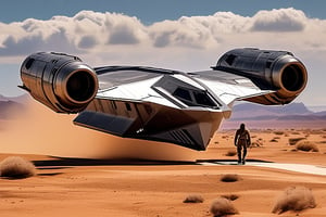 A Millinium Falcon crest \(star wars\) landing on desert,thrusts from the jet engine,parked on ground,side door open,ramp from the door,Han Solo walking out of the ship,sand,sky,cloud,realistic,detailed,sharp focus,high contrast,ek_rcfr0nt_right