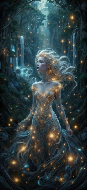 Create an image of a young woman standing in a lush, enchanted forest at twilight. She has flowing, silver hair that catches the fading sunlight, and her eyes glow faintly with a mysterious, magical aura. Her dress is made of delicate, shimmering leaves and flowers that seem to blend with the surrounding nature. Fireflies swirl around her, illuminating the scene with soft, ethereal light. In the background, towering ancient trees twist with vines, and a hidden waterfall glows faintly with bioluminescent plants. The style is a mix of Art Nouveau and high fantasy, with intricate linework and vibrant, enchanting colors.