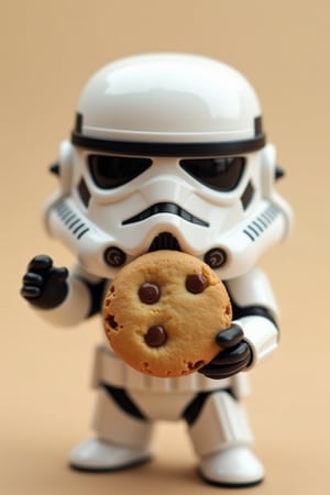 Close-up shot of a tiny, adorable chibi Stormtrooper grasping a classic chocolate chip cookie in its gloved hand. Soft, warm lighting highlights the trooper's endearing helmet features and the cookie's crispy edges. The background is a blurred, creamy white to emphasize the cookie's golden goodness. The Stormtrooper's pose exudes excitement and joy as it proudly holds up its sweet treat.