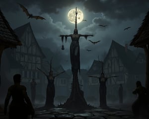 A hyper-realistic cinematic photograph of a group of four D&D peasant woman impaled upon a stake in a courtyard of impaled people. The background is a dark and gritty gothic village at night under a full moon with dramatic lighting casting sharp shadows. Giant bats soar through the dark cloudy skiy. photography, raw photo, detailed, realistic, photograph, cinema quality,newhorrorfantasy_style