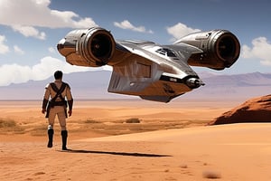 A Millinium Falcon crest \(star wars\) landing on desert,thrusts from the jet engine,parked on ground,side door open,ramp from the door,Han Solo walking out of the ship,sand,sky,cloud,realistic,detailed,sharp focus,high contrast,ek_rcfr0nt_right