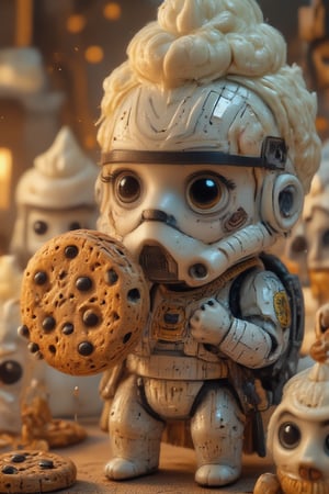 Close-up shot of a tiny, adorable chibi Stormtrooper grasping a chocolate chip cookie with its gloved hand. Soft, warm lighting illuminates the scene, with a hint of golden tone on the cookie's crispy edges. The Stormtrooper's helmet and armor remain intact, but a miniature version of the iconic Imperial crest is replaced with a cookie-themed patch. The background is a blurred, creamy white, mimicking the texture of whipped cream. The overall composition is playful, emphasizing the cuteness of this intergalactic treat-holding trooper.