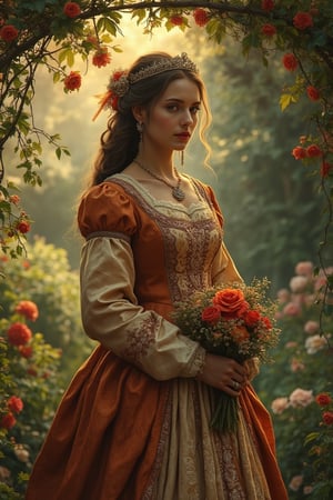 A medieval beauty princess, standing gracefully in a lush garden, surrounded by blooming flowers and verdant greenery. The princess wears a flowing gown of rich silk, adorned with delicate lace and embroidery. The garden is bathed in the soft, golden light of the setting sun, casting a warm glow on the scene. The princess holds a posy of flowers, her expression serene and contemplative. The composition is centered on the princess, with the garden's vibrant colors and intricate details enhancing the tranquil atmosphere.