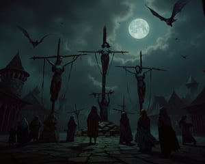 A hyper-realistic cinematic photograph of a group of four D&D peasant woman impaled upon a stake in a courtyard of impaled people. The background is a dark and gritty gothic village at night under a full moon with dramatic lighting casting sharp shadows. Giant bats soar through the dark cloudy skiy. photography, raw photo, detailed, realistic, photograph, cinema quality,newhorrorfantasy_style