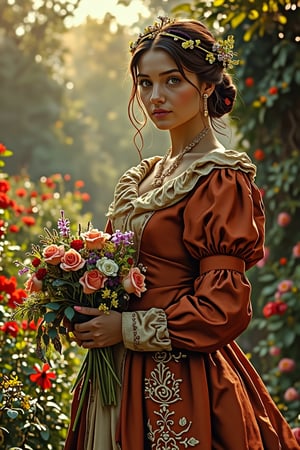 A medieval beauty princess, standing gracefully in a lush garden, surrounded by blooming flowers and verdant greenery. The princess wears a flowing gown of rich silk, adorned with delicate lace and embroidery. The garden is bathed in the soft, golden light of the setting sun, casting a warm glow on the scene. The princess holds a posy of flowers, her expression serene and contemplative. The composition is centered on the princess, with the garden's vibrant colors and intricate details enhancing the tranquil atmosphere.