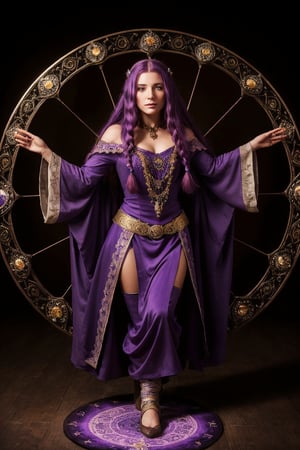 a medieval gypsy witch, with long violet hair, in a magic circle, high quality, high resolution, high precision, realism, color correction, proper lighting settings, harmonious composition.,tempestmagic,Circle,Fantasy