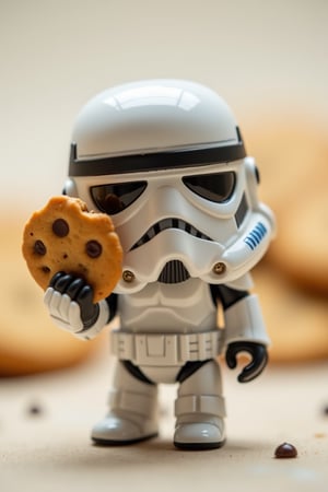 Close-up shot of a tiny, adorable chibi Stormtrooper grasping a classic chocolate chip cookie in its gloved hand. Soft, warm lighting highlights the trooper's endearing helmet features and the cookie's crispy edges. The background is a blurred, creamy white to emphasize the cookie's golden goodness. The Stormtrooper's pose exudes excitement and joy as it proudly holds up its sweet treat.