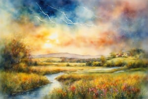 (masterpiece:1.4), best quality, watercolor, ink, oil and pencil, oil painting, cinematic photography lightning and reflective particles in the sky of a country field with winding river and wildflowers