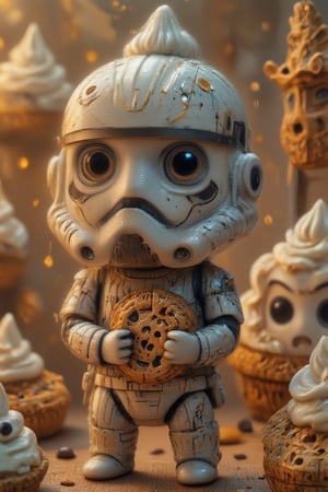 Close-up shot of a tiny, adorable chibi Stormtrooper grasping a chocolate chip cookie with its gloved hand. Soft, warm lighting illuminates the scene, with a hint of golden tone on the cookie's crispy edges. The Stormtrooper's helmet and armor remain intact, but a miniature version of the iconic Imperial crest is replaced with a cookie-themed patch. The background is a blurred, creamy white, mimicking the texture of whipped cream. The overall composition is playful, emphasizing the cuteness of this intergalactic treat-holding trooper.