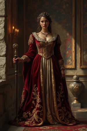 A medieval princess, standing regally in a grand castle hall, wearing a flowing velvet gown with intricate gold embroidery. The room is illuminated by the warm glow of torchlight, casting long shadows on the stone walls. The princess holds a scepter in one hand, her posture confident and composed. The composition is centered, with the princess as the focal point, surrounded by ornate tapestries and ancient artifacts.