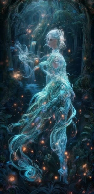 Create an image of a young woman standing in a lush, enchanted forest at twilight. She has flowing, silver hair that catches the fading sunlight, and her eyes glow faintly with a mysterious, magical aura. Her dress is made of delicate, shimmering leaves and flowers that seem to blend with the surrounding nature. Fireflies swirl around her, illuminating the scene with soft, ethereal light. In the background, towering ancient trees twist with vines, and a hidden waterfall glows faintly with bioluminescent plants. The style is a mix of Art Nouveau and high fantasy, with intricate linework and vibrant, enchanting colors.