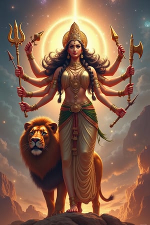 Create a majestic and awe-inspiring image of Goddess Durga, the fierce and compassionate aspect of Adi Parashakti, the supreme goddess. She is depicted with multiple arms, each holding a divine weapon, get trishul 🔱 (trident), sudarshan chakra (discus), shankha (conch), gada (mace), bow and arrow, sword, parashu (axe), lotus, thunderbolt, snack, symbolizing her power to protect and vanquish evil. Her face radiates serenity and strength, adorned with a crown and traditional jewelry. She stands atop a lion, her vahana (vehicle), exuding an aura of divine energy and grace. The background is a vibrant tapestry of celestial elements, with a halo of light surrounding her, emphasizing her divine nature. The scene should evoke a sense of reverence, power, and spiritual upliftment
