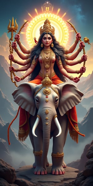 Create a majestic and awe-inspiring image of Goddess Durga, the fierce and compassionate aspect of Adi Parashakti, the supreme goddess. She is depicted with multiple arms, each holding a divine weapon, get trishul 🔱 (trident), sudarshan chakra (discus), shankha (conch), gada (mace), bow and arrow, sword, parashu (axe), lotus, thunderbolt, snack, symbolizing her power to protect and vanquish evil. Her face radiates serenity and strength, adorned with a crown and traditional jewelry. She seat on white aeravat elephant , her vahana (vehicle), exuding an aura of divine energy and grace. The background is a vibrant tapestry of celestial elements, with a halo of light surrounding her, emphasizing her divine nature in background big ponds, moutain, glacier view. The scene should evoke a sense of reverence, power, and spiritual upliftment, create realistic and 8k image quality 
