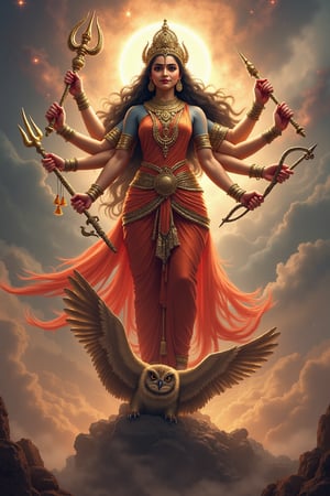 Create a majestic and awe-inspiring image of Goddess Durga, the fierce and compassionate aspect of Adi Parashakti, the supreme goddess. She is depicted with multiple arms, each holding a divine weapon, get trishul 🔱 (trident), sudarshan chakra (discus), shankha (conch), gada (mace), bow and arrow, sword, parashu (axe), lotus, thunderbolt, snack, symbolizing her power to protect and vanquish evil. Her face radiates serenity and strength, adorned with a crown and traditional jewelry. She stands atop a owl, her vahana (vehicle), exuding an aura of divine energy and grace. The background is a vibrant tapestry of celestial elements, with a halo of light surrounding her, emphasizing her divine nature. The scene should evoke a sense of reverence, power, and spiritual upliftment
