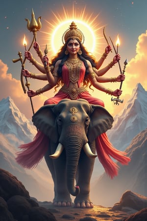 Create a majestic and awe-inspiring image of Goddess Durga, the fierce and compassionate aspect of Adi Parashakti, the supreme goddess. She is depicted with multiple arms, each holding a divine weapon, get trishul 🔱 (trident), sudarshan chakra (discus), shankha (conch), gada (mace), bow and arrow, sword, parashu (axe), lotus, thunderbolt, snack, symbolizing her power to protect and vanquish evil. Her face radiates serenity and strength, adorned with a crown and traditional jewelry. She stands atop a elephant, her vahana (vehicle), exuding an aura of divine energy and grace. The background is a vibrant tapestry of celestial elements, with a halo of light surrounding her, emphasizing her divine nature in background big ponds, moutain, glacier view. The scene should evoke a sense of reverence, power, and spiritual upliftment, create realistic and 8k image quality 
