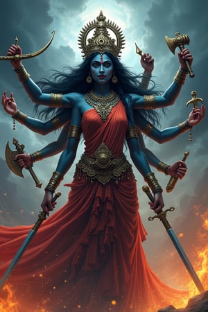 She is depicted with multiple arms, each holding a divine weapon, get trishul 🔱 (trident), sudarshan chakra (discus), shankha (conch), gada (mace), bow and arrow, sword, parashu (axe), lotus, thunderbolt, snack