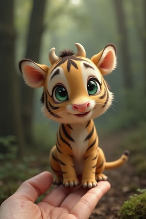 A tender scene featuring , realistic tiger, in forest view, the cow's soft, fluffy coat a warm beige and black color, its big green eyes looking trustingly upwards, its tiny nostrils flared as if sniffing the air, the human finger a soft, pale skin tone with a few faint freckles, the finger delicately standing on its delicate legs, with a subtle hint of a smile playing on the human's lips, the overall atmosphere cool, serene and comforting.

