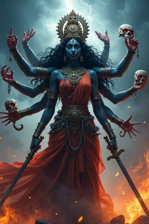 Create a powerful and awe-inspiring image of Mahakali, the fierce and protective Hindu goddess.she wearing a saree She should be depicted with her traditional attributes: dark blue or black skin, multiple arms holding weapons like a sword, trident, and a severed head. Her eyes should be wide and intense, symbolizing her all-seeing nature. She should be adorned with a garland of skulls and a skirt made of severed arms. The background should be a dramatic, stormy sky with lightning, emphasizing her fierce and formidable presence. Include elements of fire and smoke to enhance the sense of power and destruction. Despite her fearsome appearance, ensure there is a sense of divine protection and strength emanating from her. this image generate realistic and 8k quality 