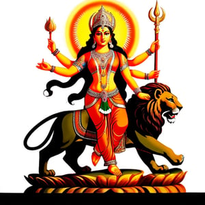 Create a majestic and awe-inspiring image of Goddess Durga, the fierce and compassionate aspect of Adi Parashakti, the supreme goddess. She is depicted with multiple arms, each holding a divine weapon, mace, sword, chakra, bhala, round shield, shankh, symbolizing her power to protect and vanquish evil. Her face radiates serenity and strength, adorned with a crown and traditional jewelry. She stands atop a lion, her vahana (vehicle), exuding an aura of divine energy and grace. The background is a vibrant tapestry of celestial elements, with a halo of light surrounding her, emphasizing her divine nature. The scene should evoke a sense of reverence, power, and spiritual upliftment