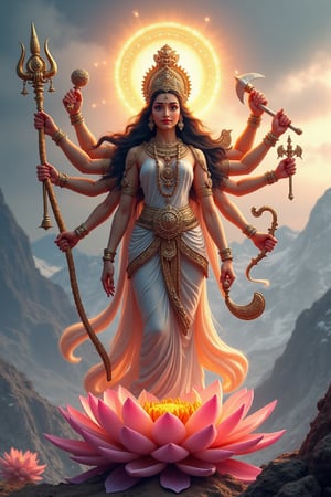 Create a majestic and awe-inspiring image of Goddess Durga, the fierce and compassionate aspect of Adi Parashakti, the supreme goddess. She is depicted with multiple arms, each holding a divine weapon, get trishul 🔱 (trident), sudarshan chakra (discus), shankha (conch), gada (mace), bow and arrow, sword, parashu (axe), lotus, thunderbolt, snack, symbolizing her power to protect and vanquish evil. Her face radiates serenity and strength, adorned with a crown and traditional jewelry. She stands atop a lotus, her vahana (vehicle), exuding an aura of divine energy and grace. The background is a vibrant tapestry of celestial elements, with a halo of light surrounding her, emphasizing her divine nature in background big ponds, moutain, glacier view. The scene should evoke a sense of reverence, power, and spiritual upliftment, create realistic and 8k image quality 
