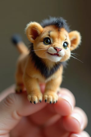 A tender scene featuring a tiny, adorable lion, no bigger than a human fingernail, gently cradled in a human's finger, the cow's soft, fluffy coat a warm beige and black color, its big green eyes looking trustingly upwards, its tiny nostrils flared as if sniffing the air, the human finger a soft, pale skin tone with a few faint freckles, the finger delicately standing on its delicate legs, with a subtle hint of a smile playing on the human's lips, the overall atmosphere cool, serene and comforting.

