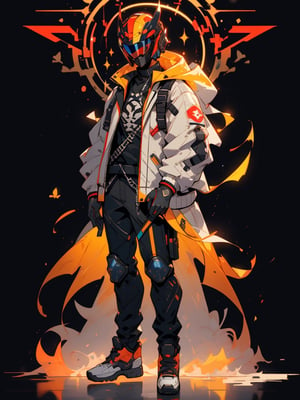 a close up of a person wearing a white puffer jacket and a customized biker helmet, full body concept, decorations, artstation, casual, same character in two angles, gloves, techwear, pixiv character, official character art, (toned), wide shoulders, best quality, detailed character artwork, cool outfit, modern game character, color balance, patterns, very stylized design, (full body concept art), full length character, artistic, high quality, (intricate details), beautiful lighting, 1boy, modern fantasy, black visor, tight outfit, (biker helmet covering whole face),blad4