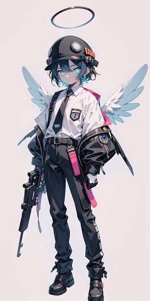 solo, simple background, full-face black helmet, (black biker helmet), black visor, shirt, (flat shading), (pastel), shooting colors, gloves, 1boy, mature man, toned, white background, holding, full body, white shirt, weapon, male focus, wings, necktie, shoes, black gloves, collared shirt, belt, pants, black footwear, holding weapon, gun, halo, black pants, black helmet, holding gun, white feathered wings, black necktie, handgun, dual wielding, angel wings, angel, holster, shoulder holster,niji color,seecolor, cold colorful