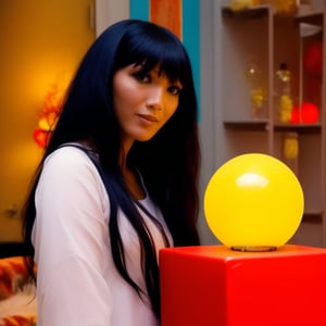 Photo of a yellow sphere on top of a red cube, on the right is a woman with black hair, on the left is a girl with white hair,YasminLeeKimmyHangover2