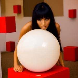 Photo of a yellow sphere on top of a red cube, on the right is a woman with black hair, on the left is a girl with white hair,YasminLeeKimmyHangover2