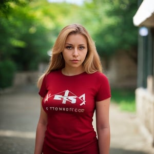 (highly detailed), (realistic), (photography), 1 woman, light skin, grimace, alone, blonde hair, long hair, full body, looking at viewer, t-shirt, red t-shirt, outdoors, depth of field, blurred background , VaneL
