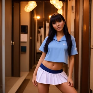 woman, pure and cute face, blue uniform,short skirt, bokeh, magnificent, beautiful,attractive, hot and sexy poses, good body, teenager, seduction, show sexy leg obviously, masterpiece, show underpants, flighty,wear sport shoes, perfect body, graceful,neat and clean clothes,YasminLeeKimmyHangover2