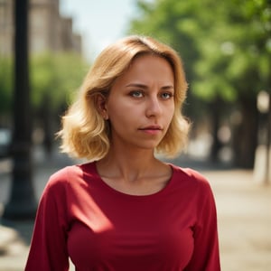 realistic,1 woman, light skin, grimace, alone, blonde hair, upper body, looking at viewer, shirt, outdoors, depth of field, blurred background, red shirt,VaneL
