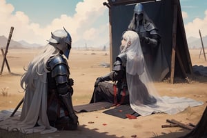 
woman on her back, with very long white hair and a thin veil, she is alone, making a slight bow in front of some medieval knights' helmets, nailed to sticks, being on a battlefield, it is cloudy and it has recently ended of rain, the image has a painting look,back view,Gwyndolin