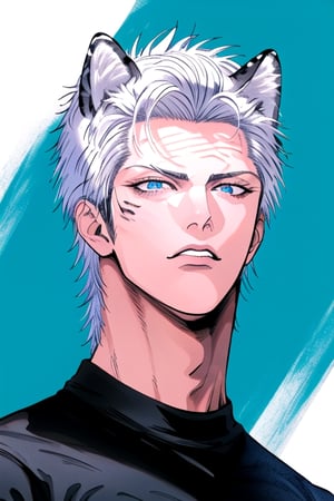 Boy white hair, blue eyes, leopard ears, black shirt, concentrated