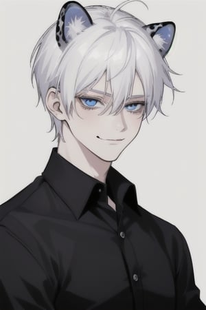 Boy with white hair, blue eyes, with leopard ears, black shirt, half smiling