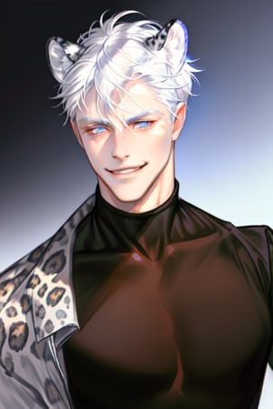 Boy with white hair, blue eyes, with leopard ears, black shirt, half smiling